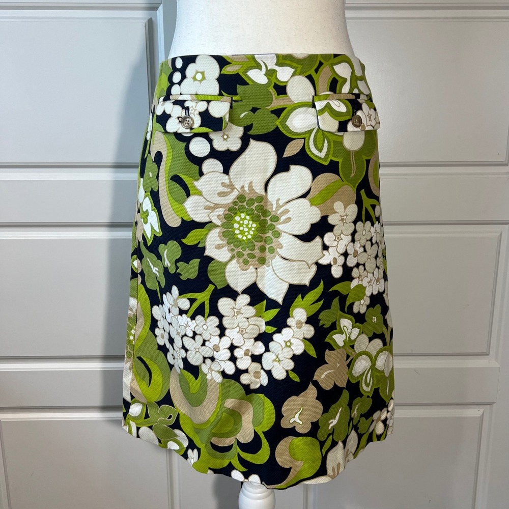 J.Crew Floral Print Mini‎ Skirt Womens Size 2 Green White Black Mod Retro